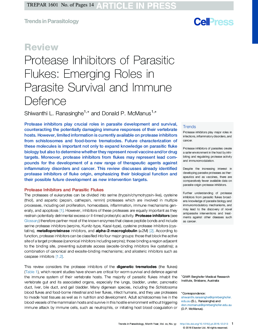 Protease Inhibitors of Parasitic Flukes: Emerging Roles in Parasite Survival and Immune Defence