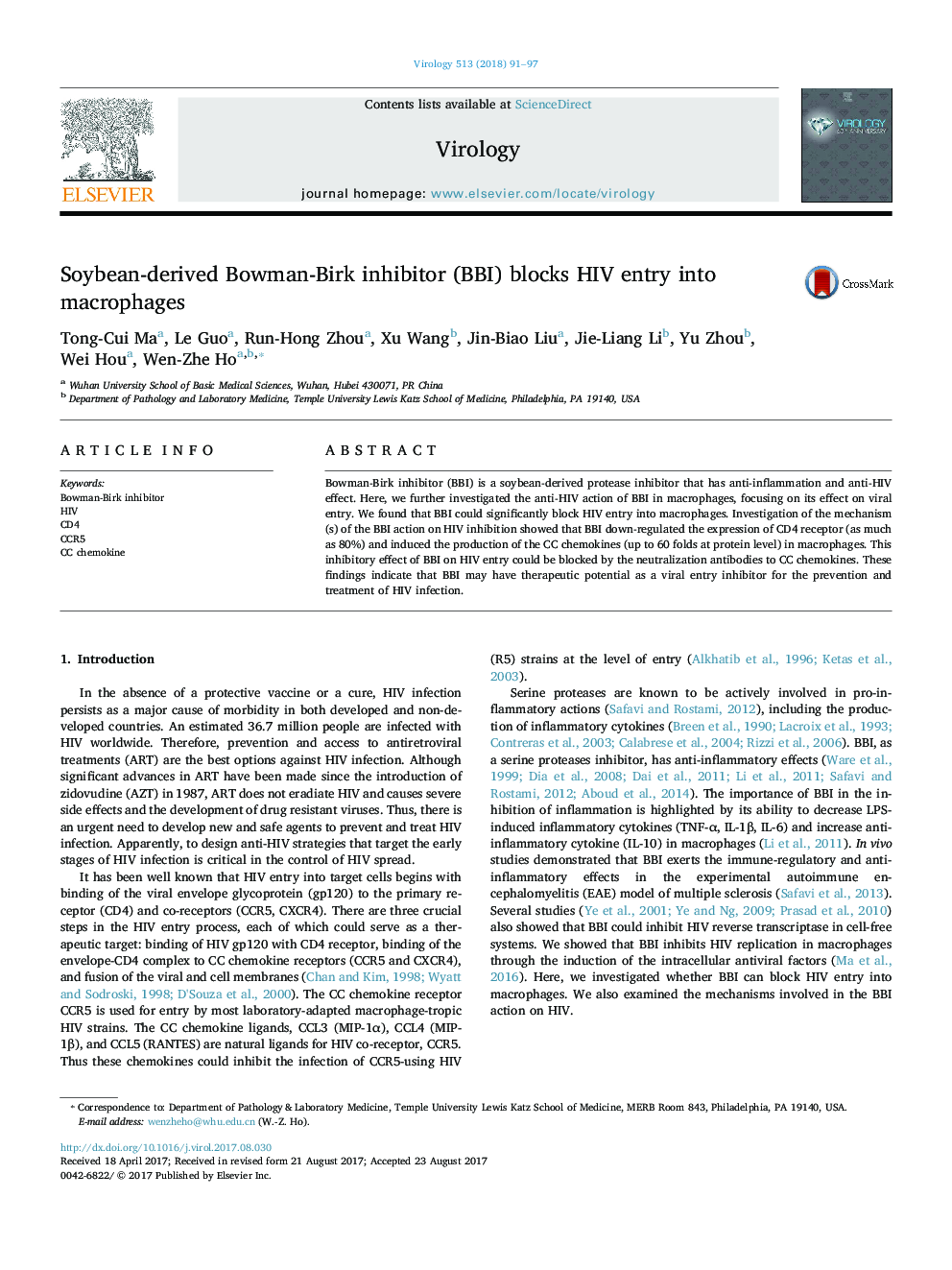 Soybean-derived Bowman-Birk inhibitor (BBI) blocks HIV entry into macrophages