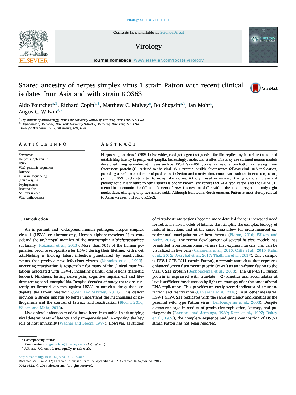 Shared ancestry of herpes simplex virus 1 strain Patton with recent clinical isolates from Asia and with strain KOS63