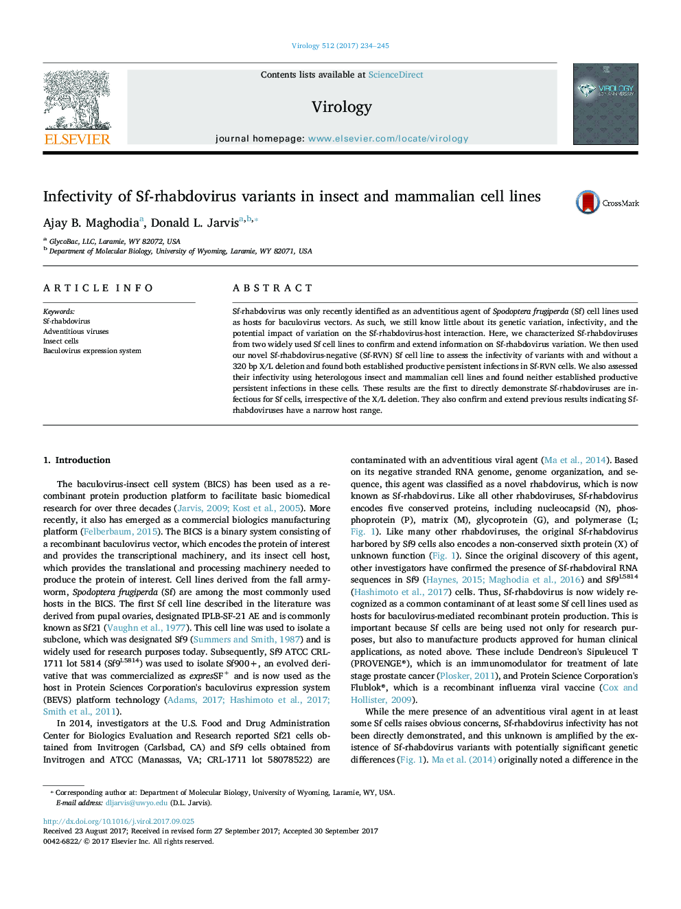 Infectivity of Sf-rhabdovirus variants in insect and mammalian cell lines