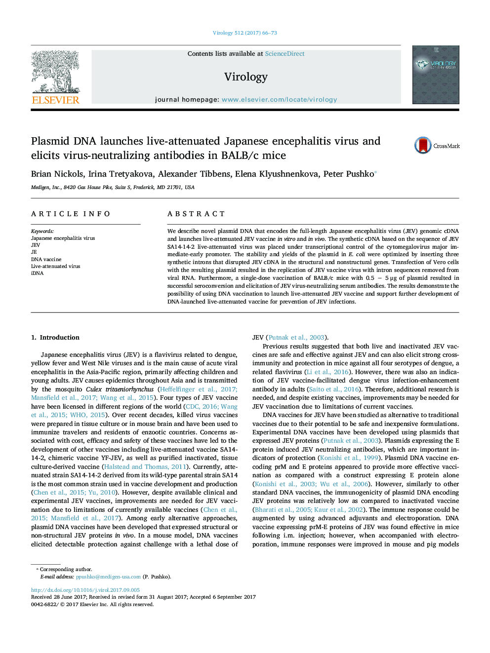 Plasmid DNA launches live-attenuated Japanese encephalitis virus and elicits virus-neutralizing antibodies in BALB/c mice