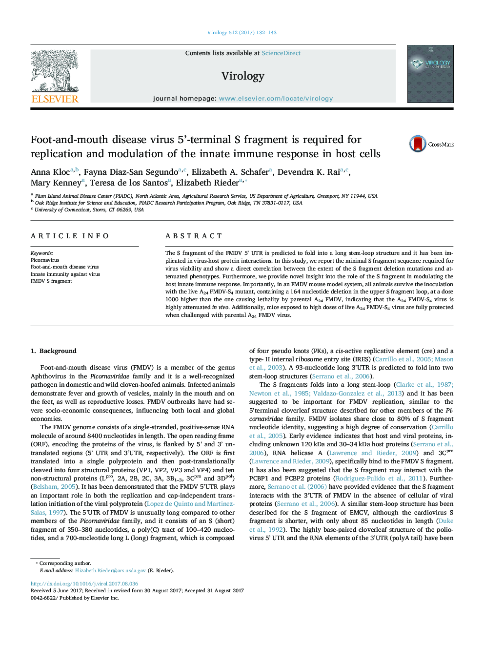 Foot-and-mouth disease virus 5'-terminal S fragment is required for replication and modulation of the innate immune response in host cells