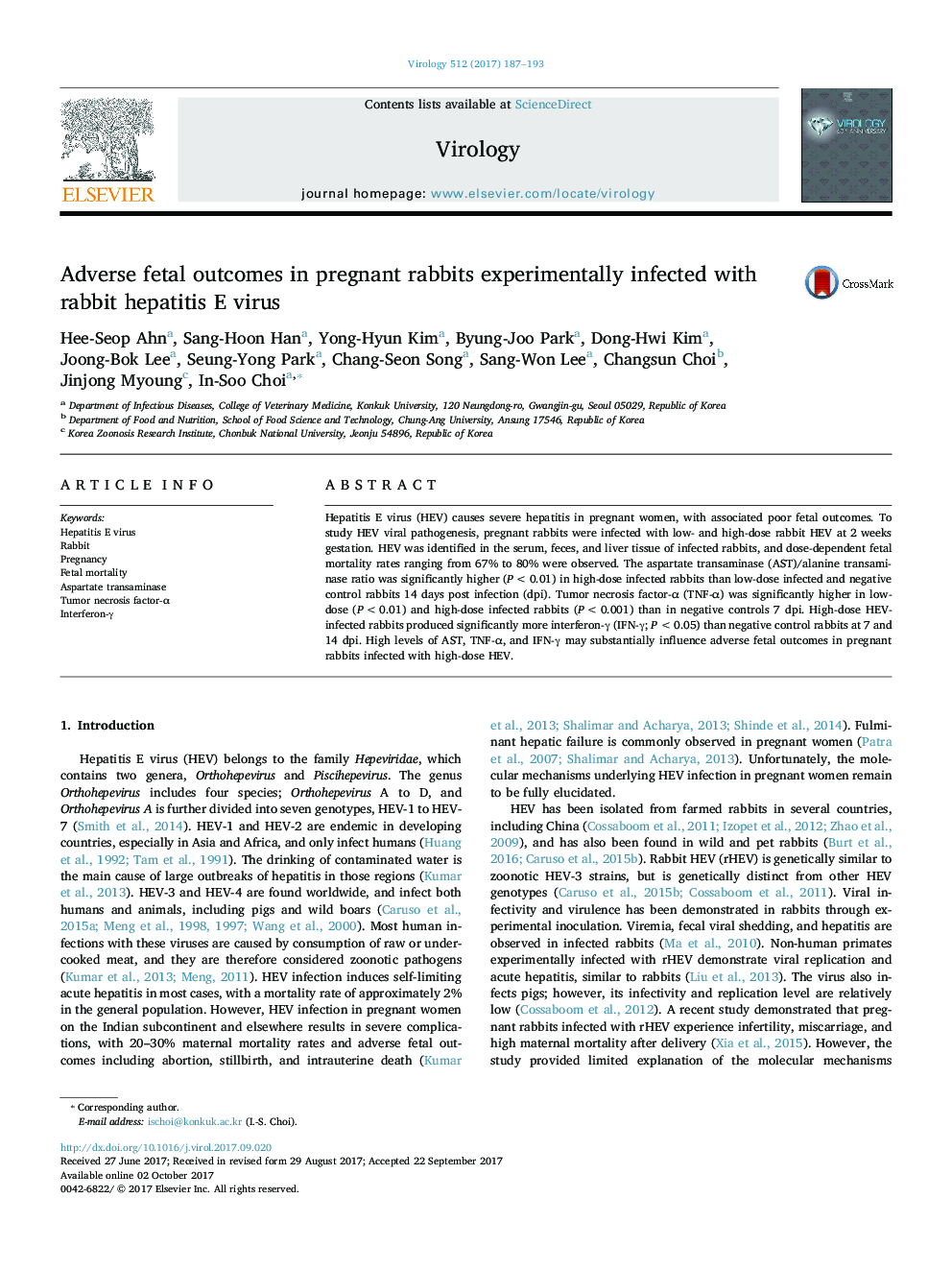 Adverse fetal outcomes in pregnant rabbits experimentally infected with rabbit hepatitis E virus