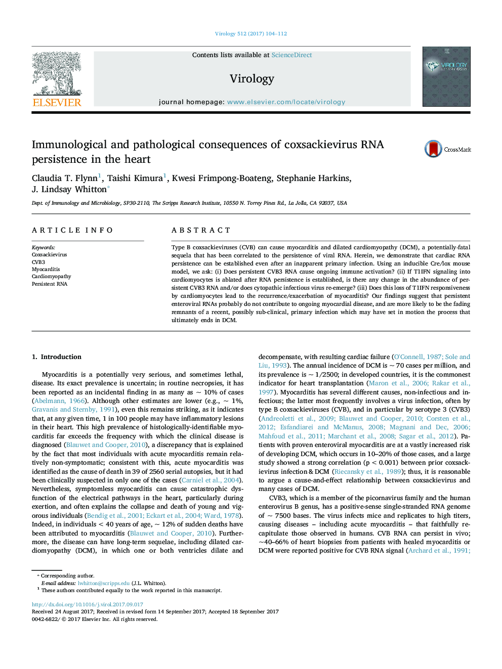 Immunological and pathological consequences of coxsackievirus RNA persistence in the heart