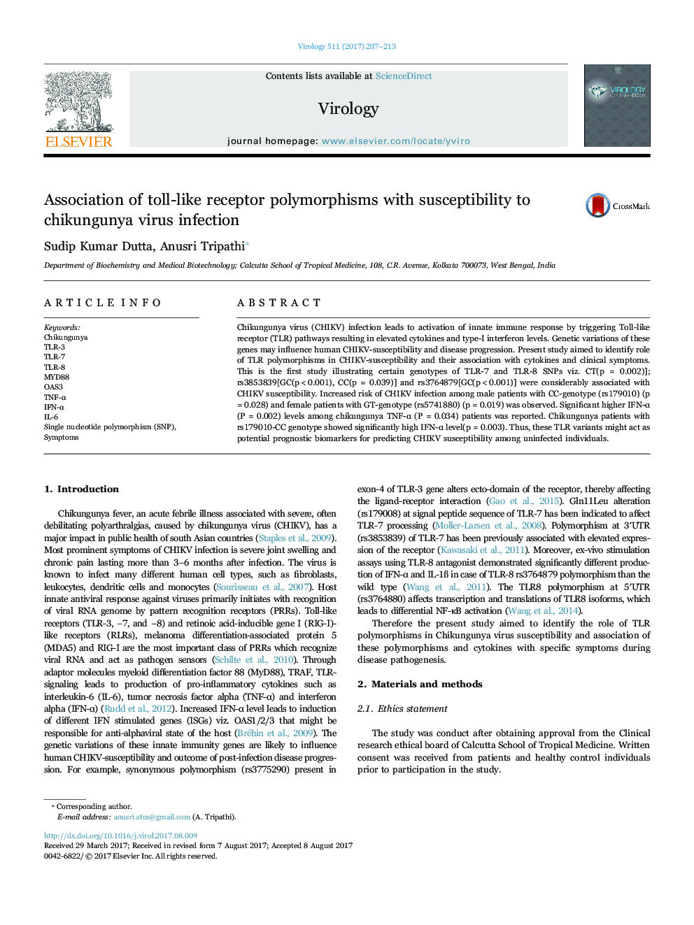 Association of toll-like receptor polymorphisms with susceptibility to chikungunya virus infection