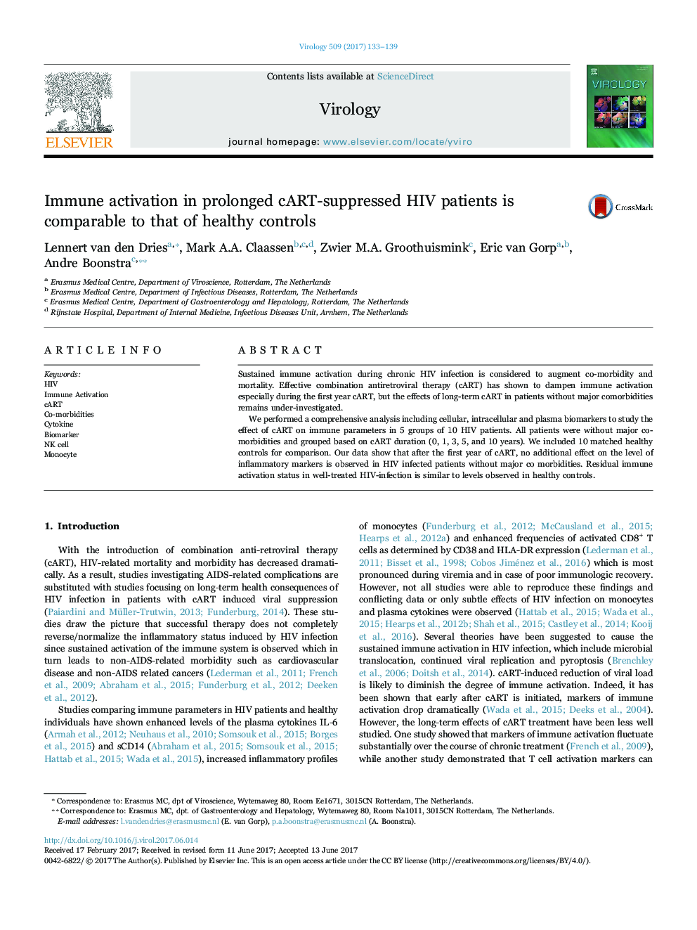 Immune activation in prolonged cART-suppressed HIV patients is comparable to that of healthy controls