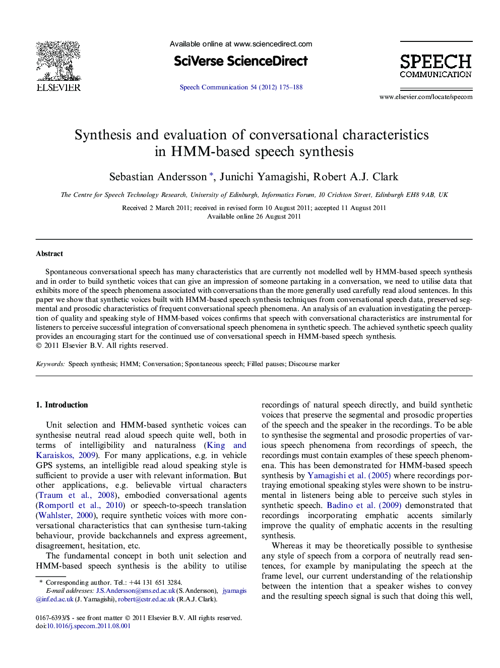 Synthesis and evaluation of conversational characteristics in HMM-based speech synthesis