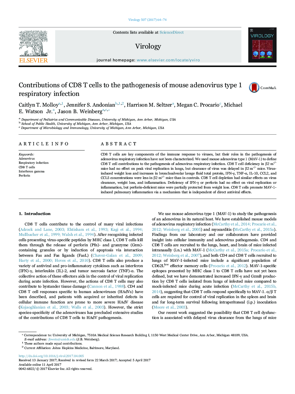 Contributions of CD8 T cells to the pathogenesis of mouse adenovirus type 1 respiratory infection