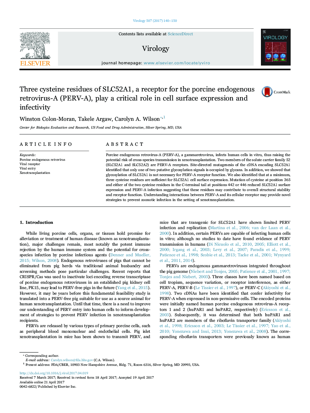 Three cysteine residues of SLC52A1, a receptor for the porcine endogenous retrovirus-A (PERV-A), play a critical role in cell surface expression and infectivity