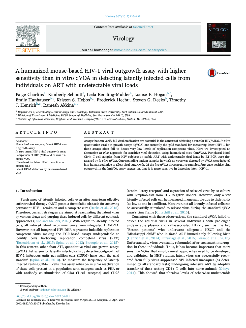 A humanized mouse-based HIV-1 viral outgrowth assay with higher sensitivity than in vitro qVOA in detecting latently infected cells from individuals on ART with undetectable viral loads