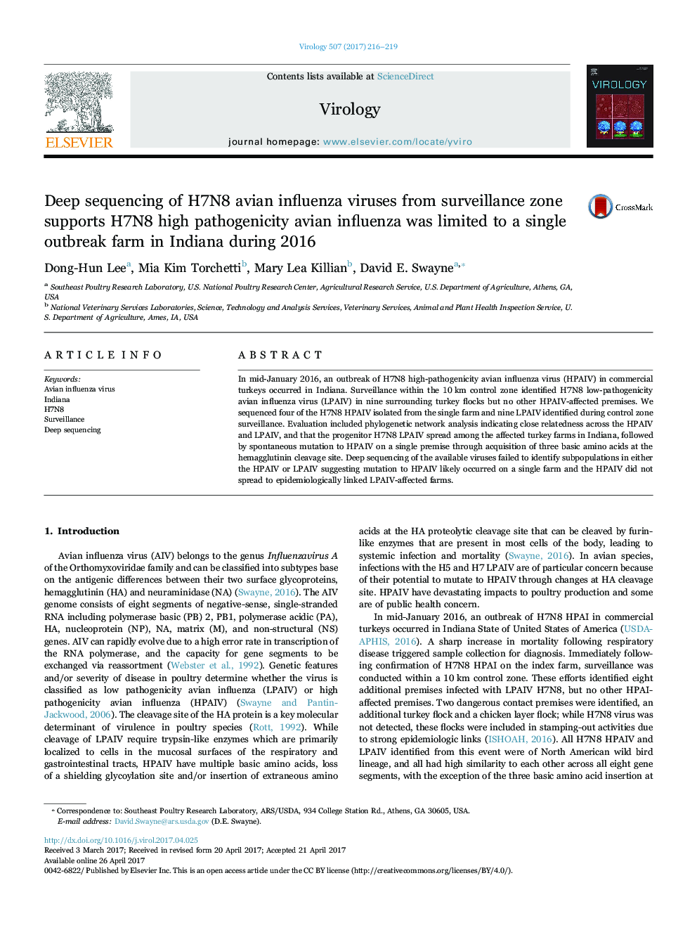 Deep sequencing of H7N8 avian influenza viruses from surveillance zone supports H7N8 high pathogenicity avian influenza was limited to a single outbreak farm in Indiana during 2016