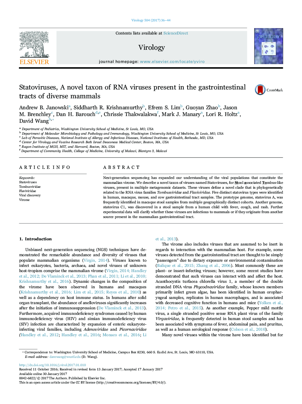 Statoviruses, A novel taxon of RNA viruses present in the gastrointestinal tracts of diverse mammals