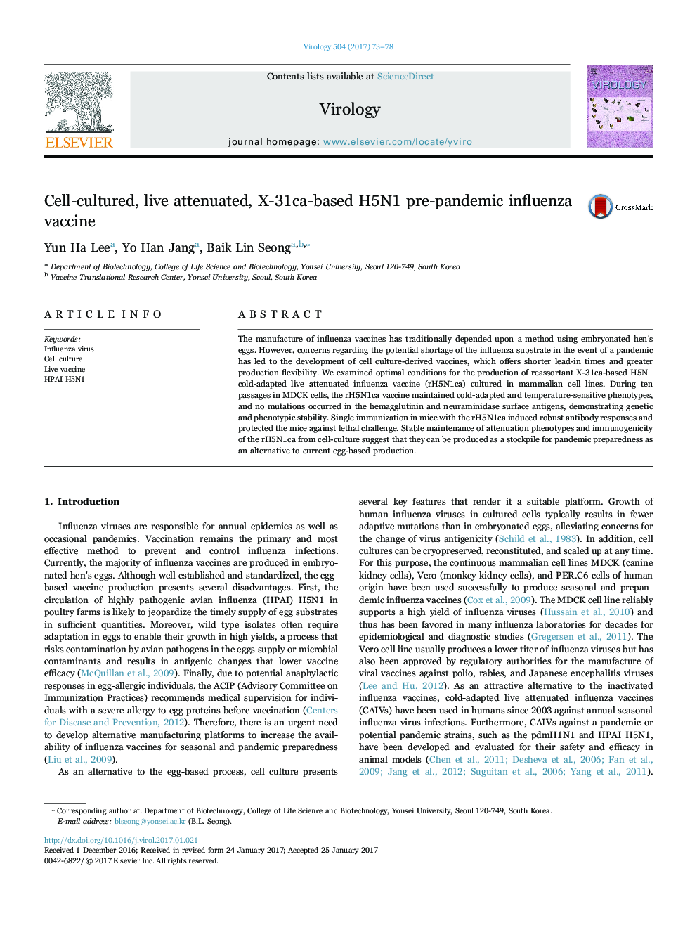 Cell-cultured, live attenuated, X-31ca-based H5N1 pre-pandemic influenza vaccine