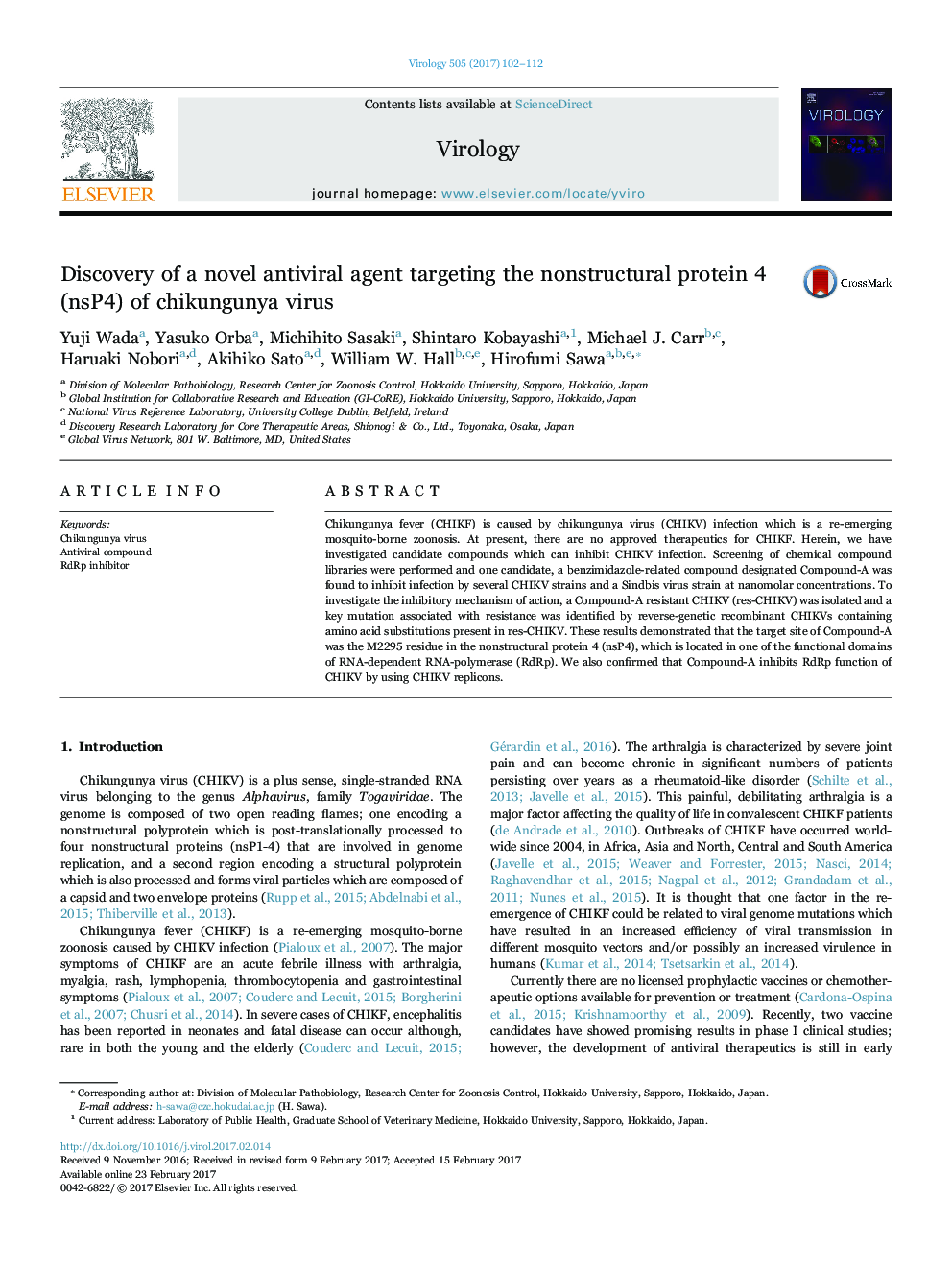 Discovery of a novel antiviral agent targeting the nonstructural protein 4 (nsP4) of chikungunya virus