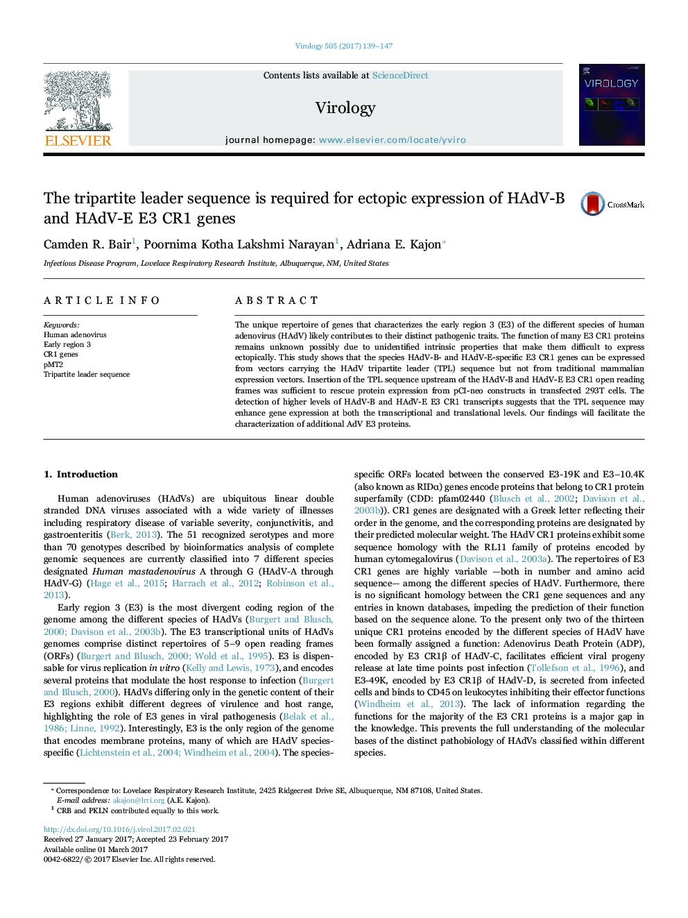 The tripartite leader sequence is required for ectopic expression of HAdV-B and HAdV-E E3 CR1 genes