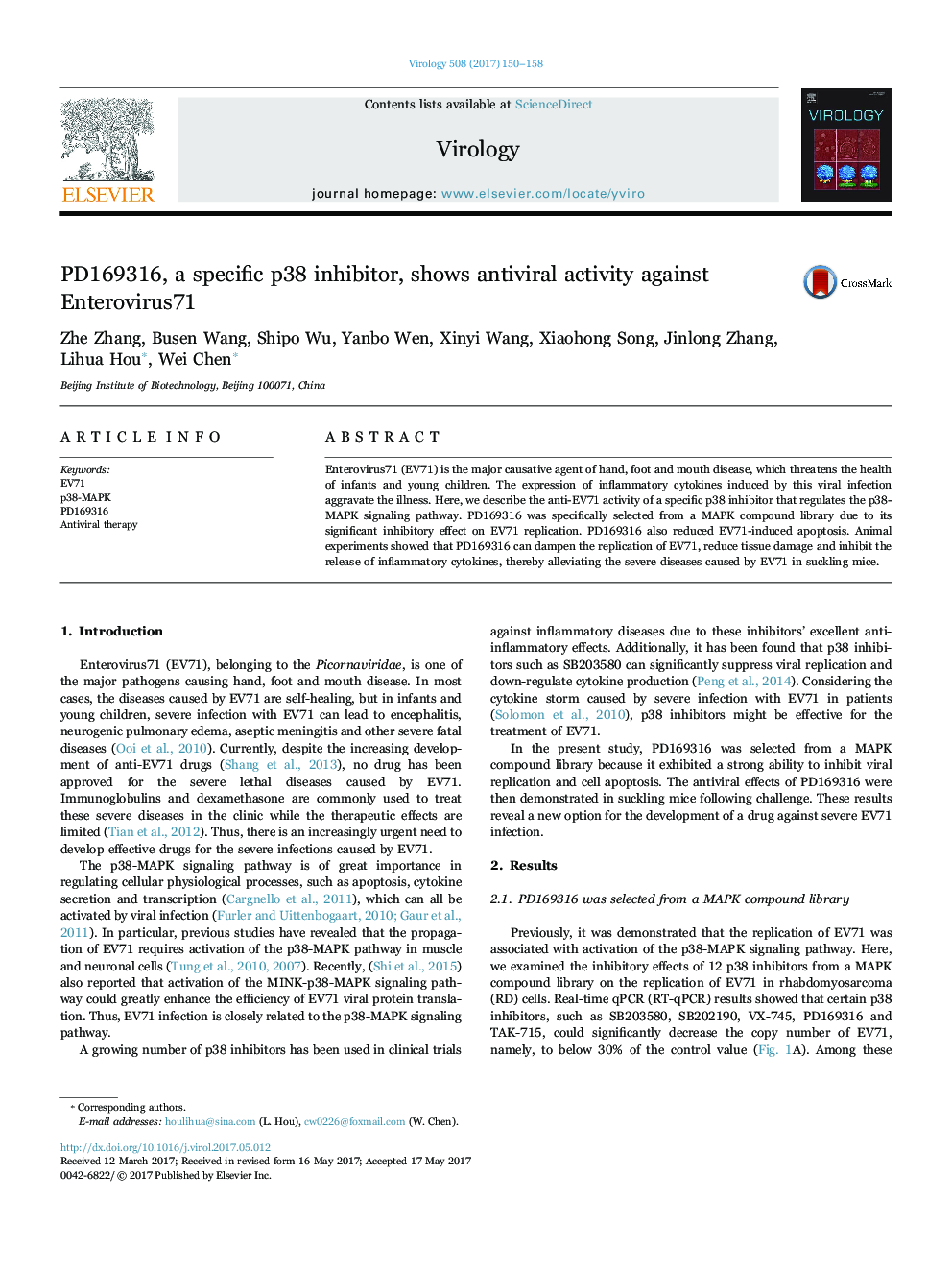 PD169316, a specific p38 inhibitor, shows antiviral activity against Enterovirus71