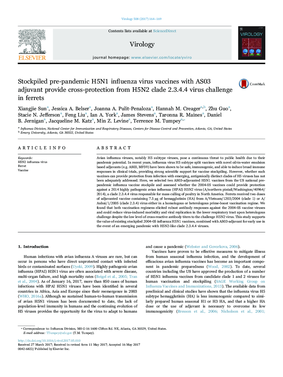 Stockpiled pre-pandemic H5N1 influenza virus vaccines with AS03 adjuvant provide cross-protection from H5N2 clade 2.3.4.4 virus challenge in ferrets