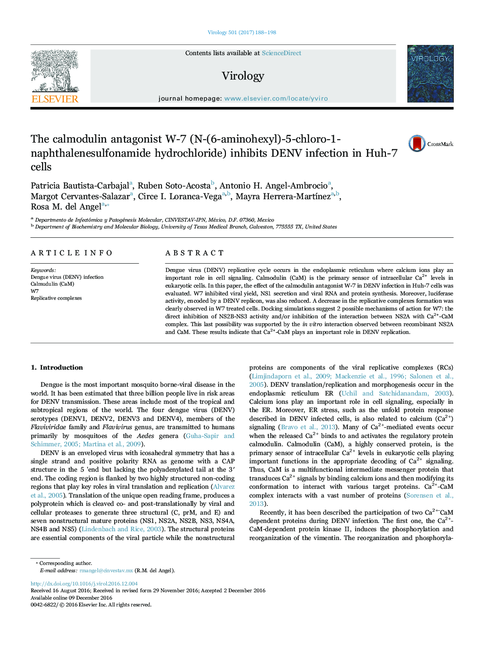 The calmodulin antagonist W-7 (N-(6-aminohexyl)-5-chloro-1-naphthalenesulfonamide hydrochloride) inhibits DENV infection in Huh-7 cells