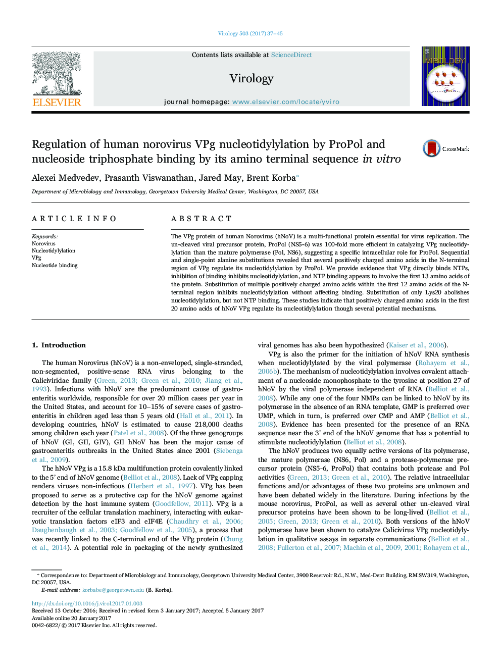 Regulation of human norovirus VPg nucleotidylylation by ProPol and nucleoside triphosphate binding by its amino terminal sequence in vitro