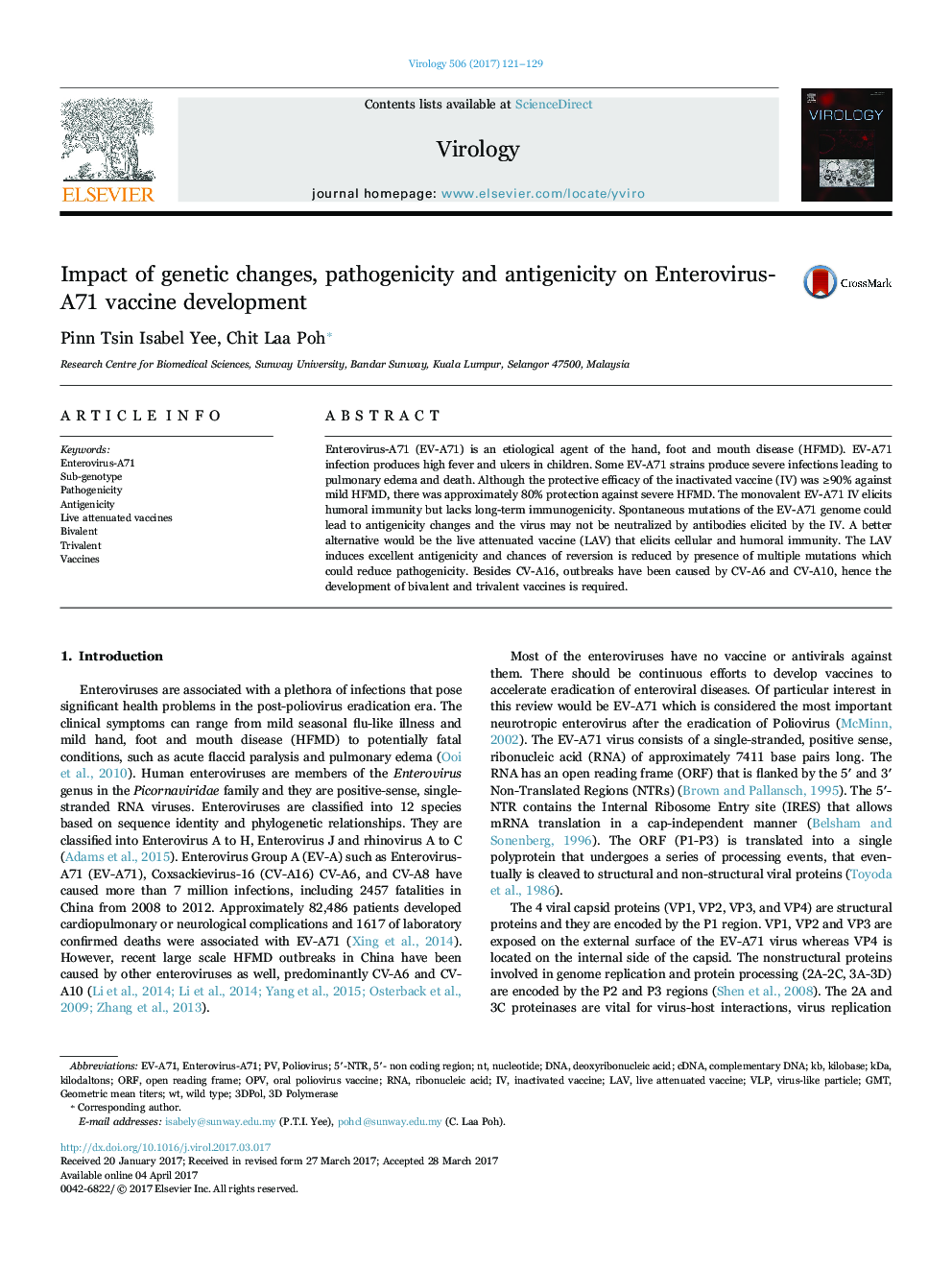 عکس صفحه اول مقاله: Impact of genetic changes, pathogenicity and antigenicity on Enterovirus- A71 vaccine development Impact of genetic changes, pathogenicity and antigenicity on Enterovirus- A71 vaccine development