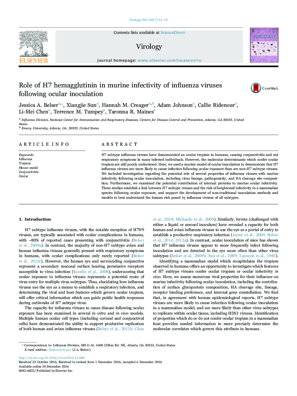 Role of H7 hemagglutinin in murine infectivity of influenza viruses following ocular inoculation