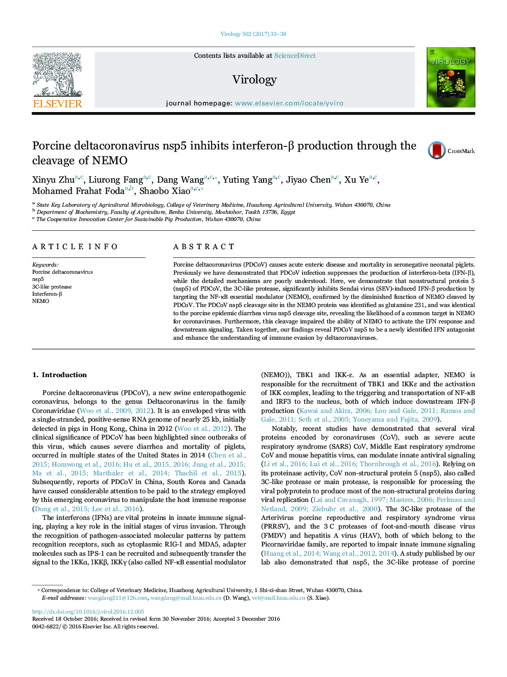 Porcine deltacoronavirus nsp5 inhibits interferon-Î² production through the cleavage of NEMO