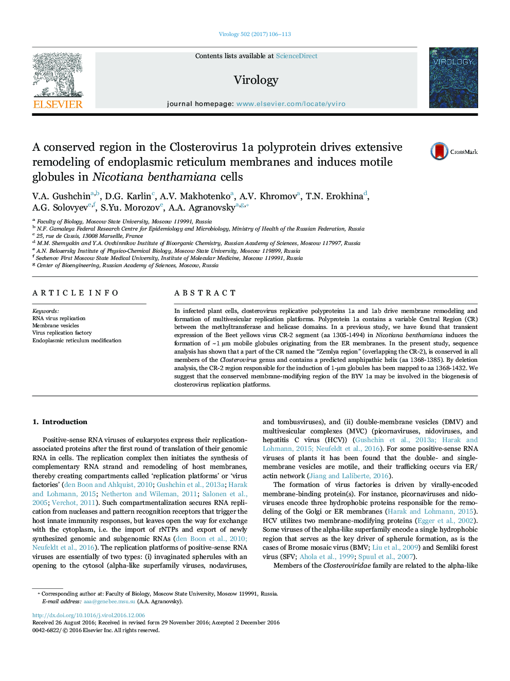 A conserved region in the Closterovirus 1a polyprotein drives extensive remodeling of endoplasmic reticulum membranes and induces motile globules in Nicotiana benthamiana cells