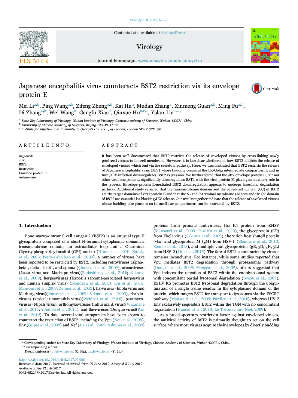 عکس صفحه اول مقاله: Japanese encephalitis virus counteracts BST2 restriction via its envelope protein E Japanese encephalitis virus counteracts BST2 restriction via its envelope protein E