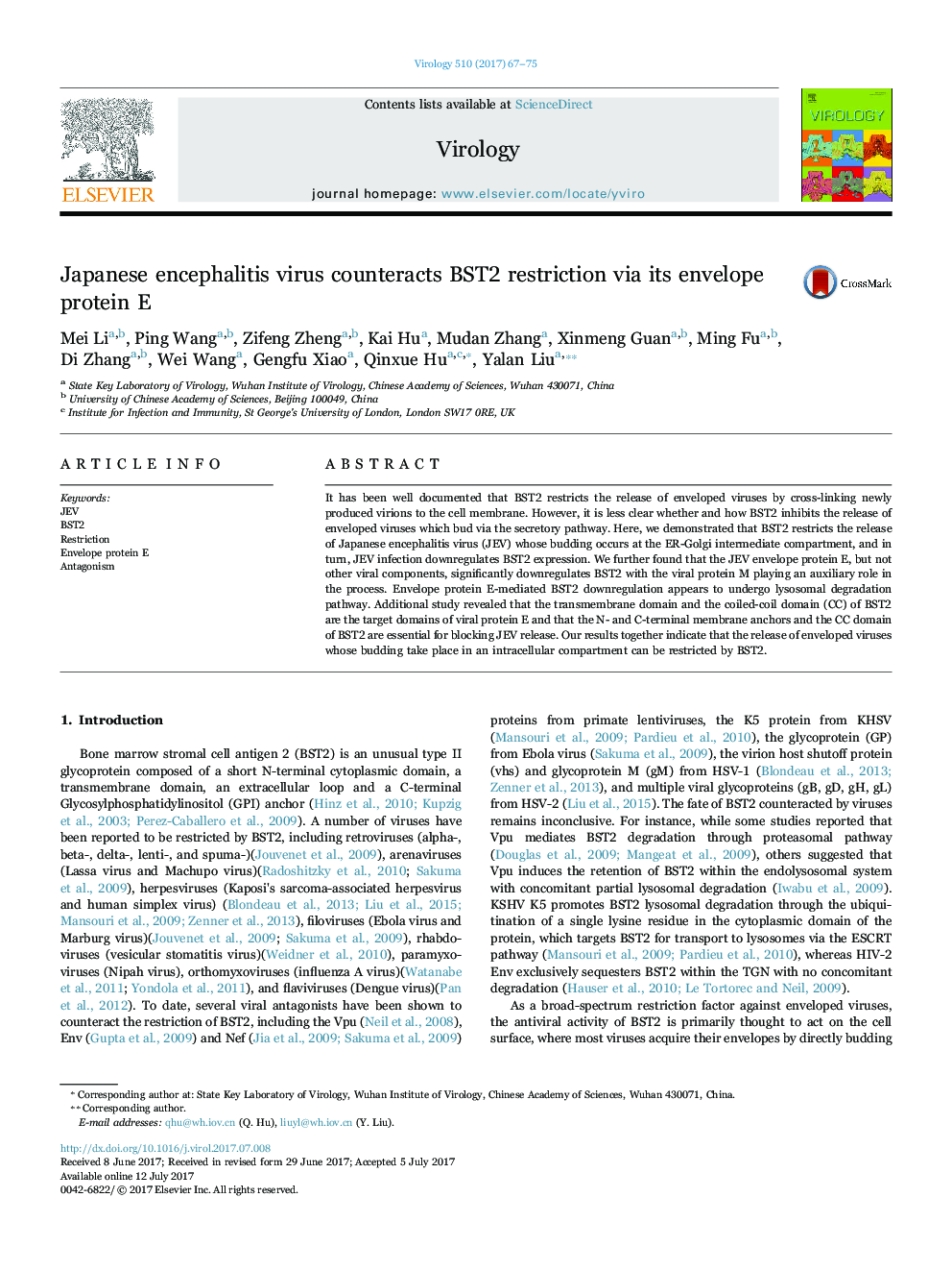 Japanese encephalitis virus counteracts BST2 restriction via its envelope protein E