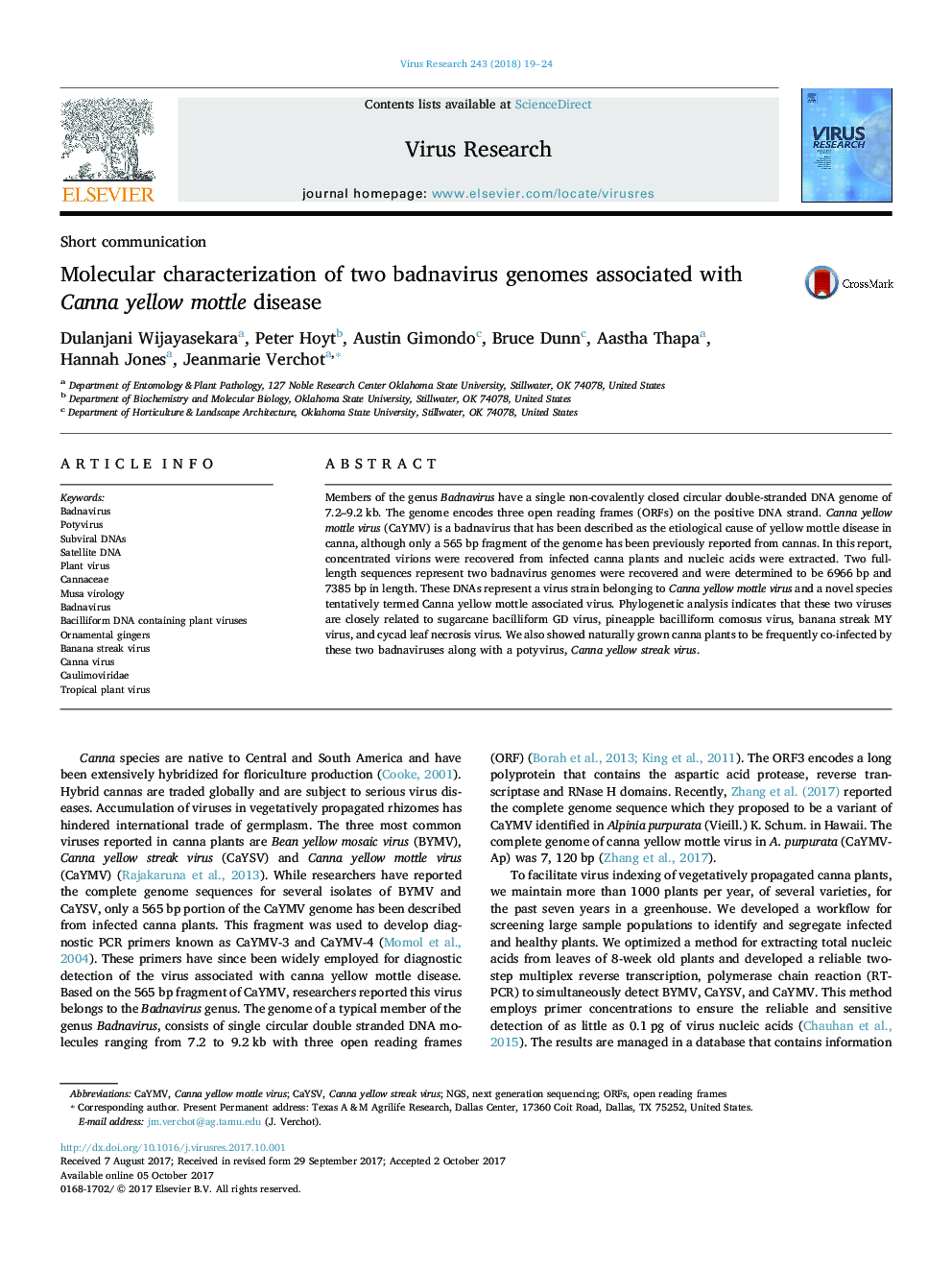 Molecular characterization of two badnavirus genomes associated with Canna yellow mottle disease