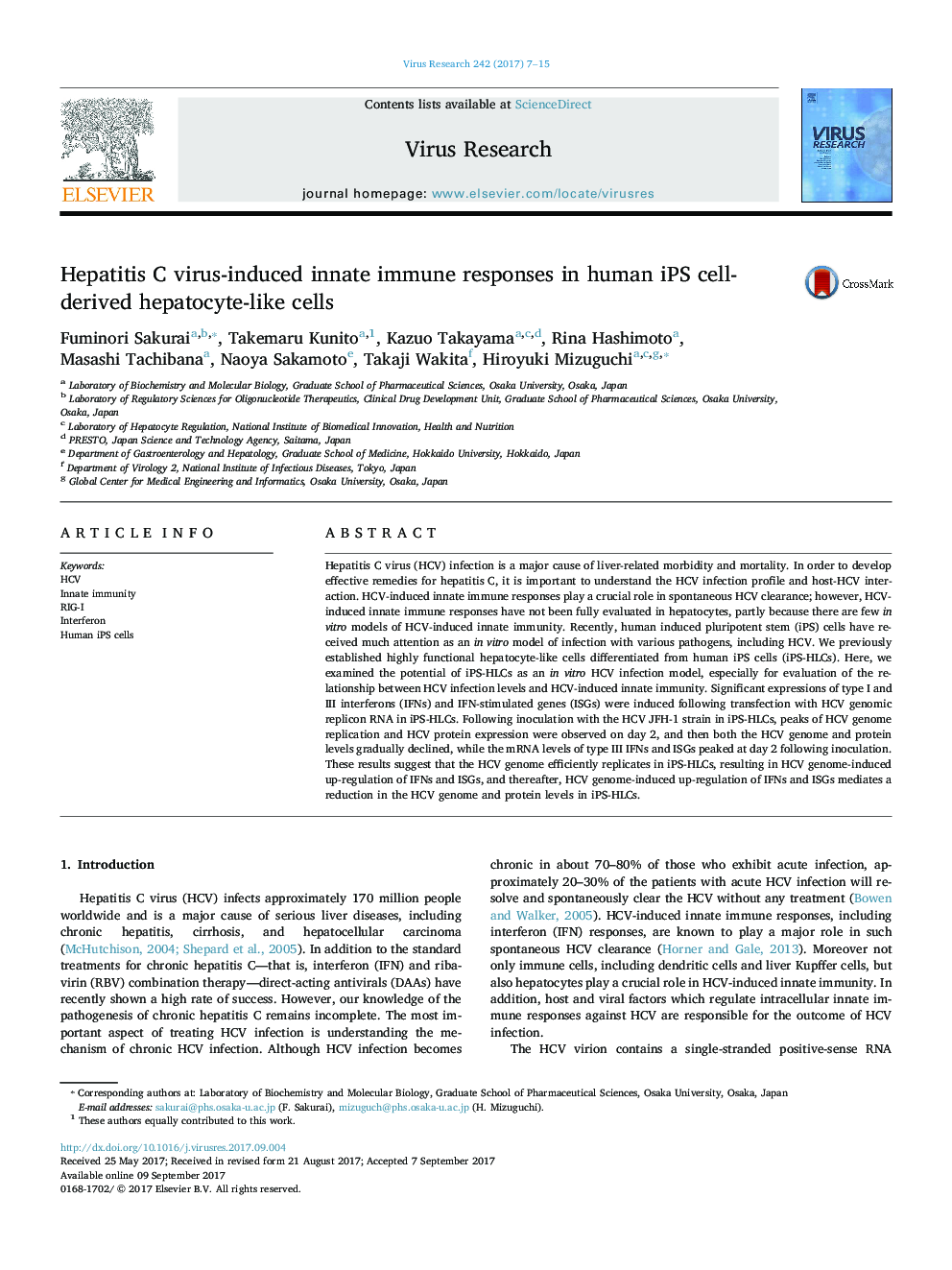 Hepatitis C virus-induced innate immune responses in human iPS cell-derived hepatocyte-like cells