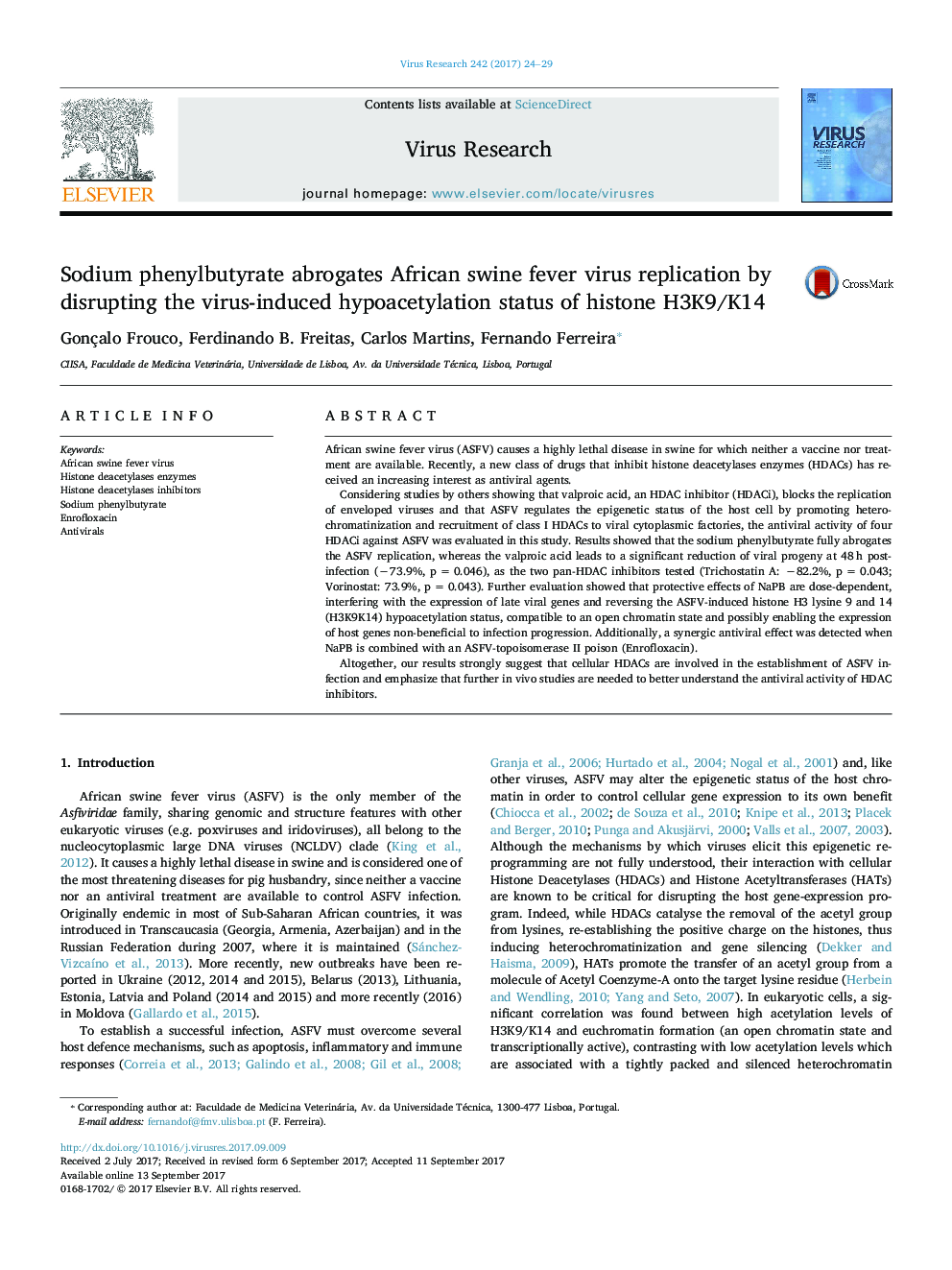 Sodium phenylbutyrate abrogates African swine fever virus replication by disrupting the virus-induced hypoacetylation status of histone H3K9/K14