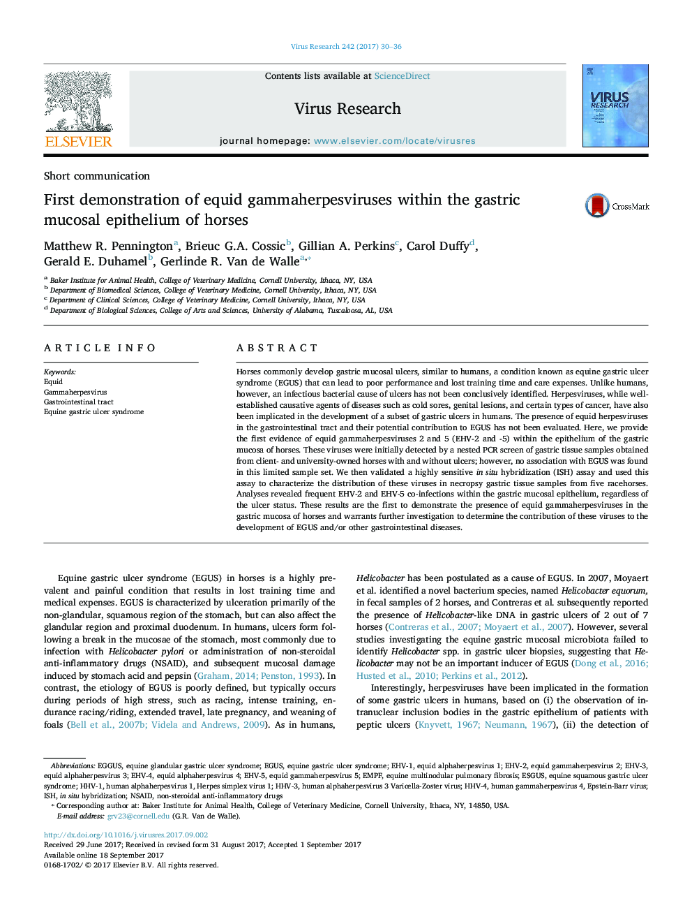 First demonstration of equid gammaherpesviruses within the gastric mucosal epithelium of horses