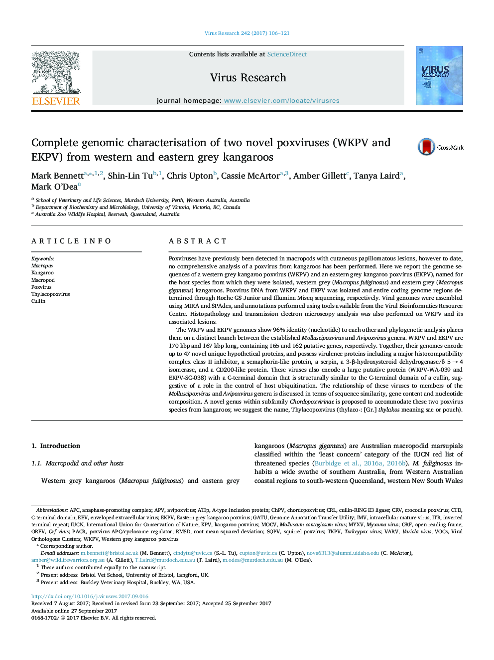 Complete genomic characterisation of two novel poxviruses (WKPV and EKPV) from western and eastern grey kangaroos