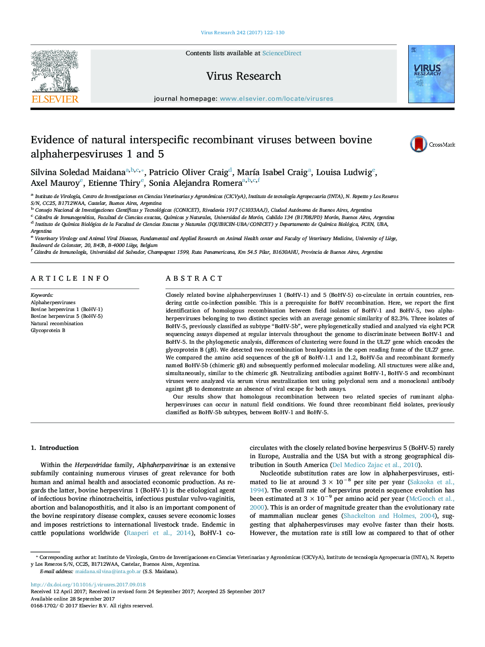 Evidence of natural interspecific recombinant viruses between bovine alphaherpesviruses 1 and 5