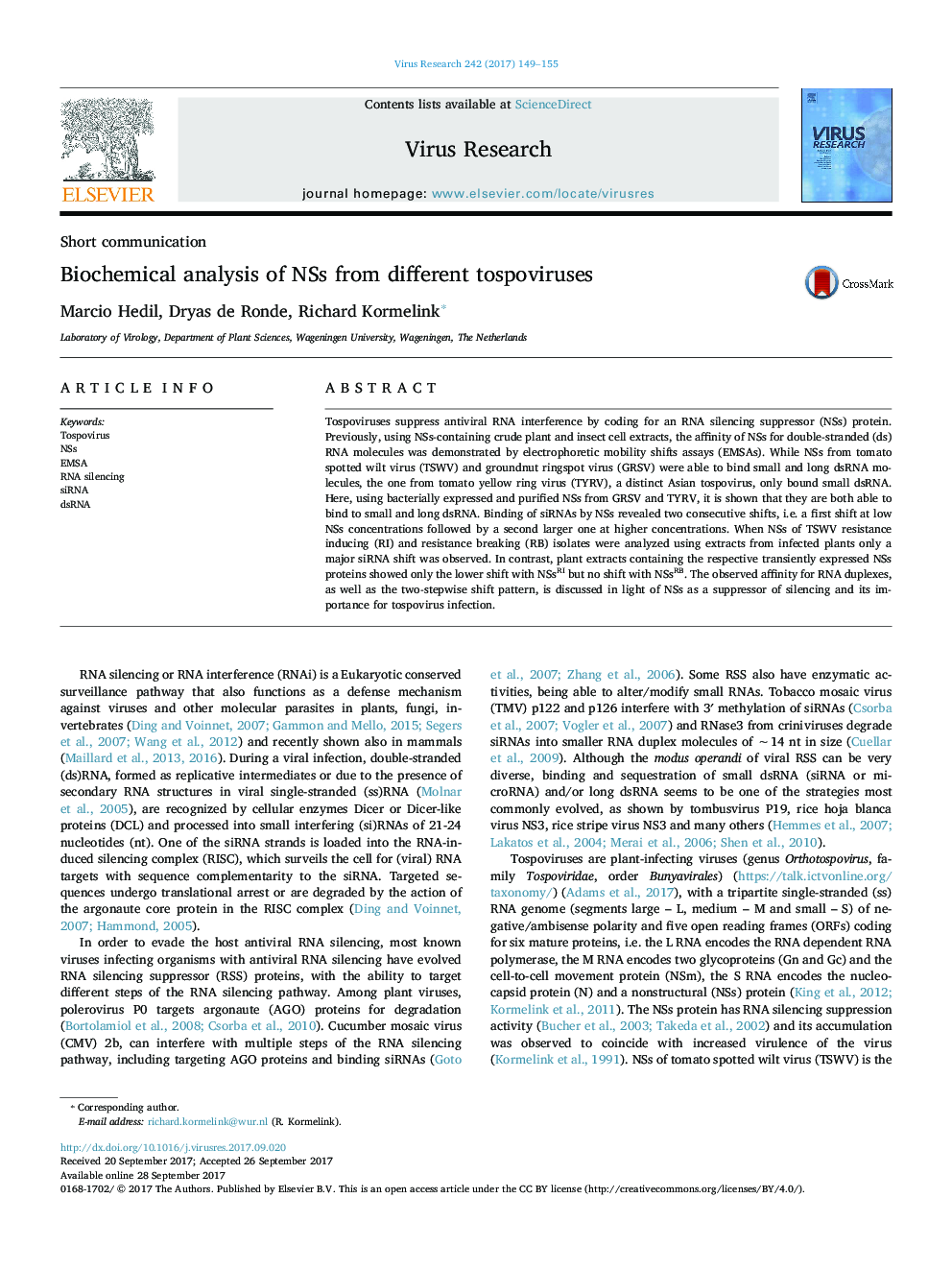 Biochemical analysis of NSs from different tospoviruses