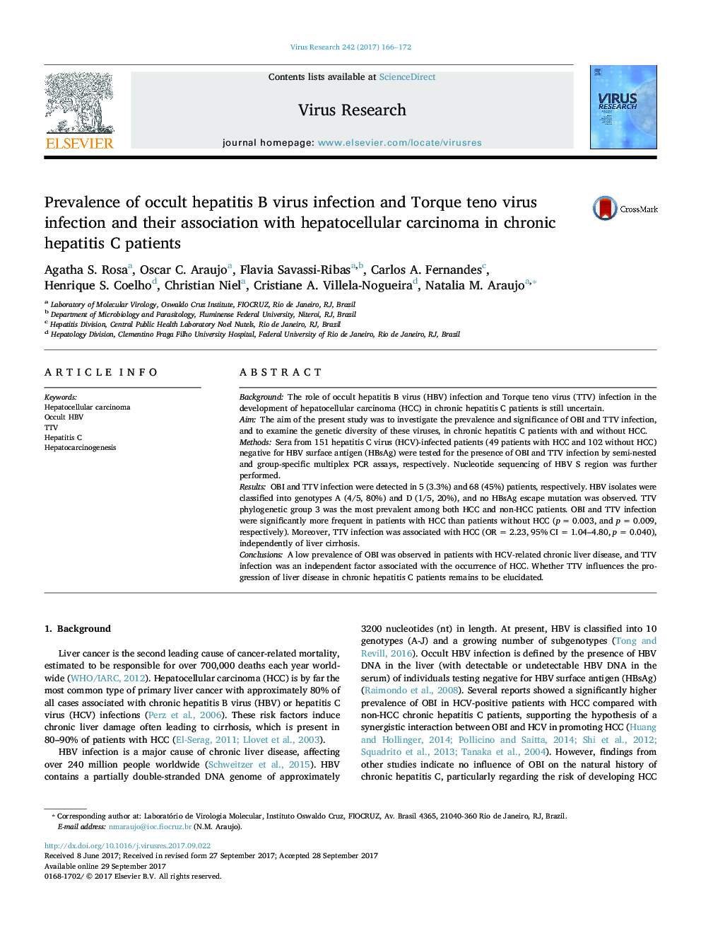 Prevalence of occult hepatitis B virus infection and Torque teno virus infection and their association with hepatocellular carcinoma in chronic hepatitis C patients