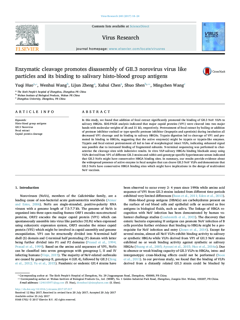 Enzymatic cleavage promotes disassembly of GII.3 norovirus virus like particles and its binding to salivary histo-blood group antigens