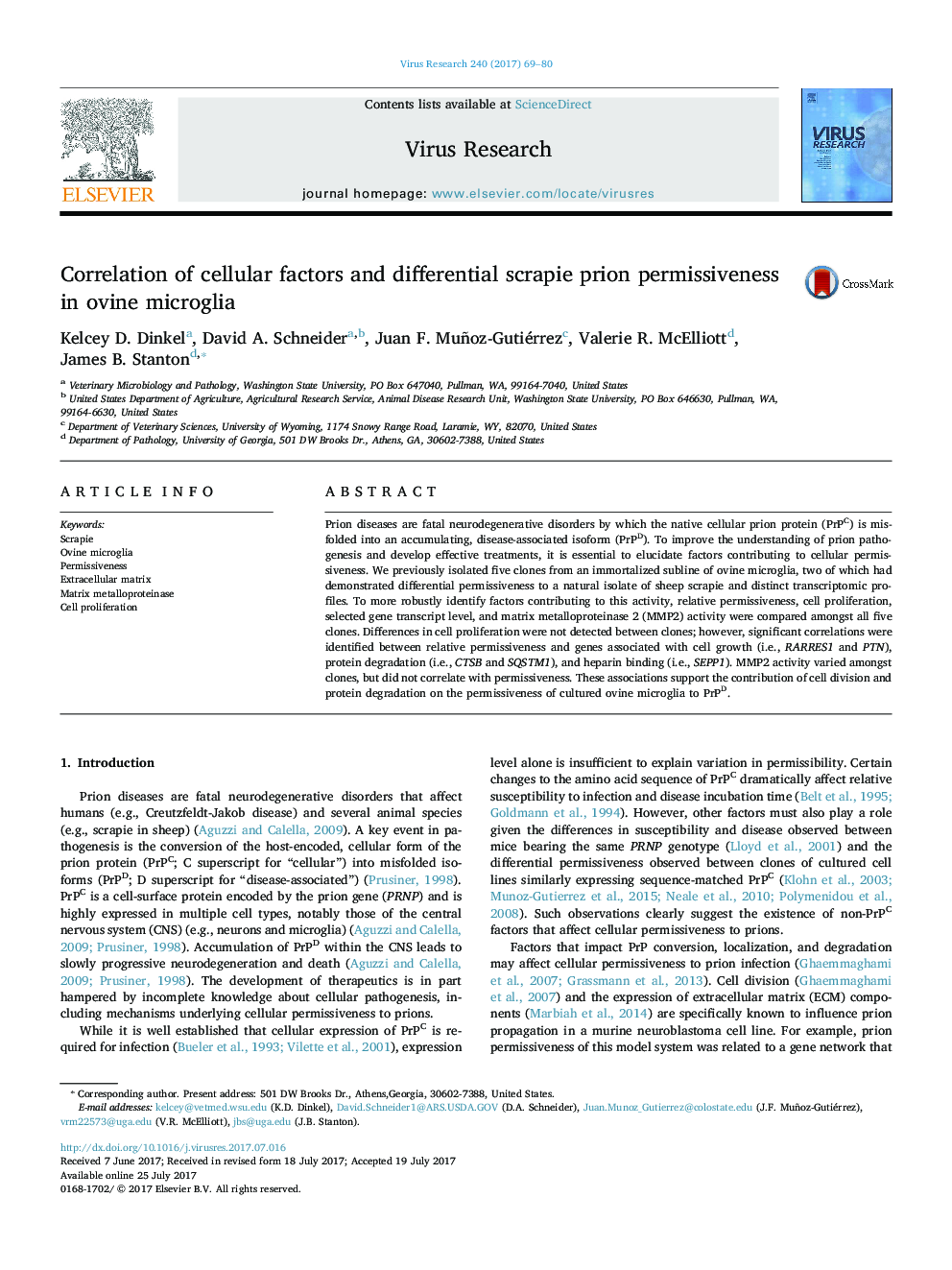 Correlation of cellular factors and differential scrapie prion permissiveness in ovine microglia