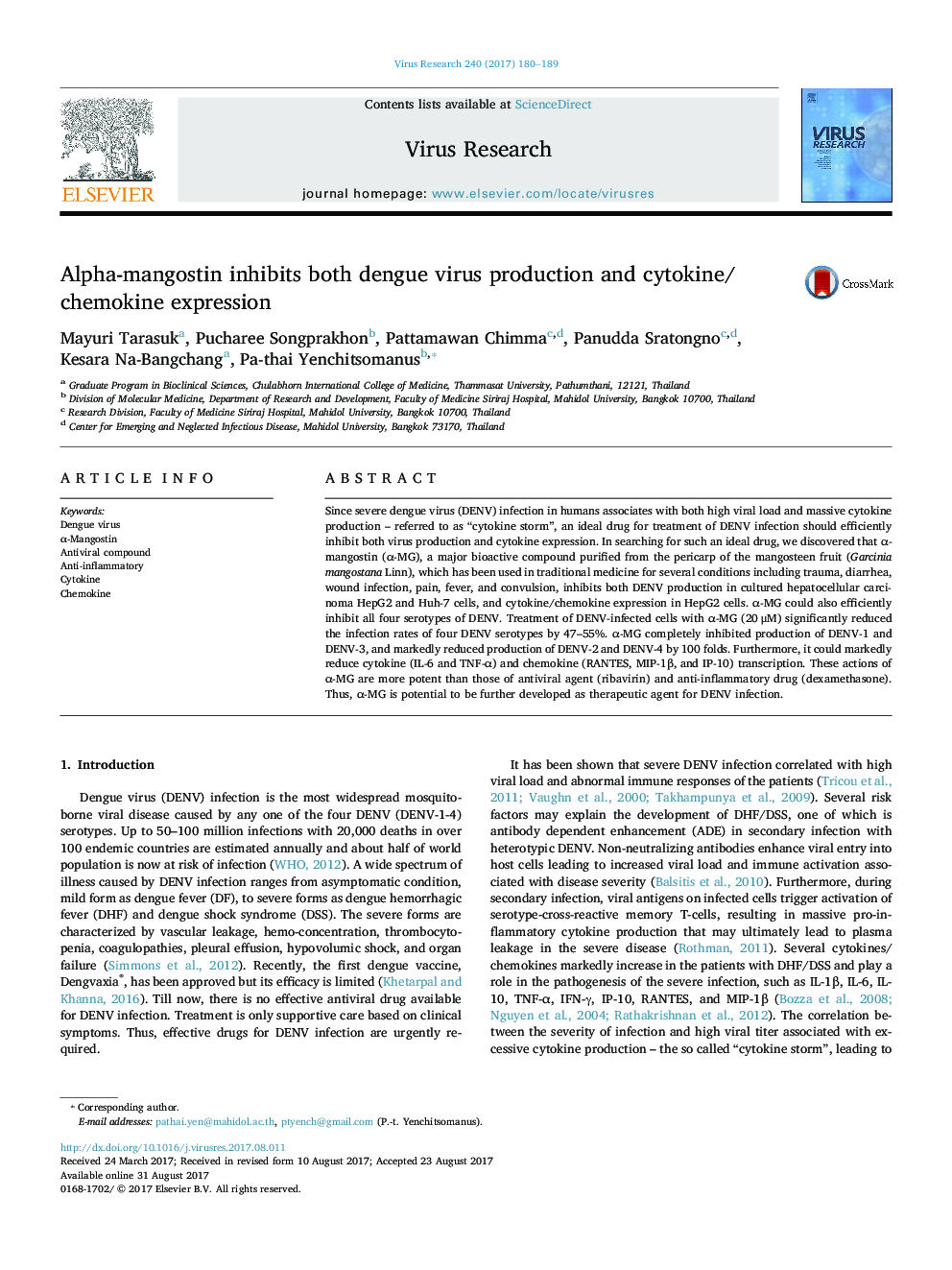 Alpha-mangostin inhibits both dengue virus production and cytokine/chemokine expression