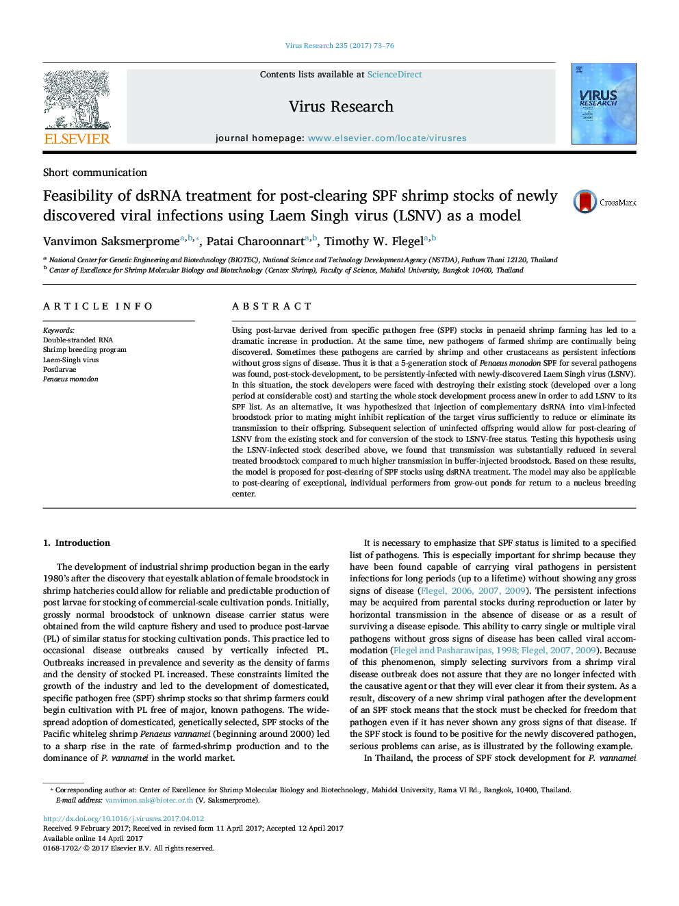 Feasibility of dsRNA treatment for post-clearing SPF shrimp stocks of newly discovered viral infections using Laem Singh virus (LSNV) as a model