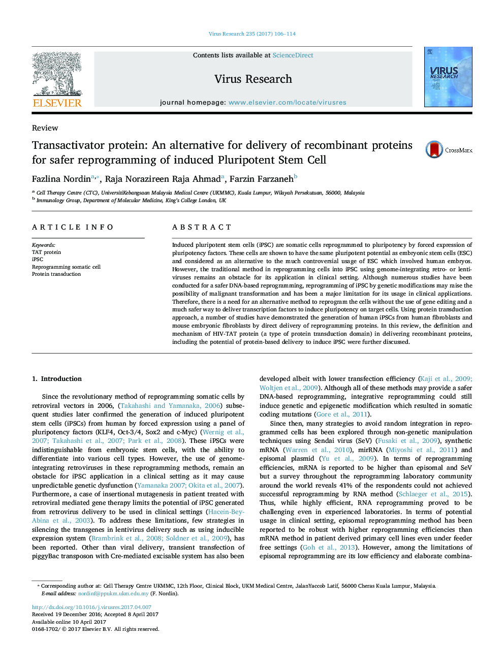 Transactivator protein: An alternative for delivery of recombinant proteins for safer reprogramming of induced Pluripotent Stem Cell