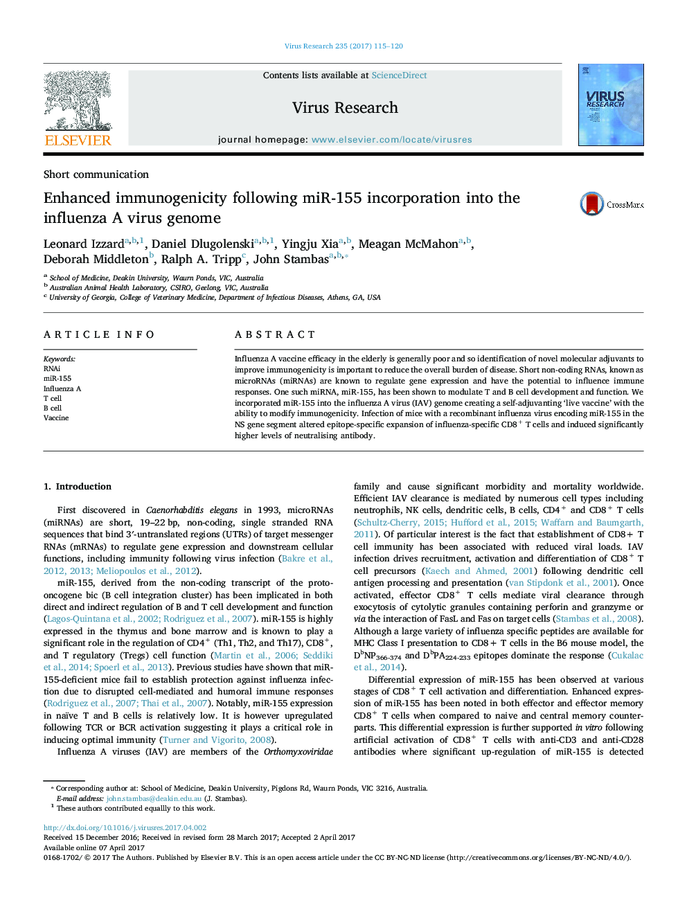 Enhanced immunogenicity following miR-155 incorporation into the influenza A virus genome