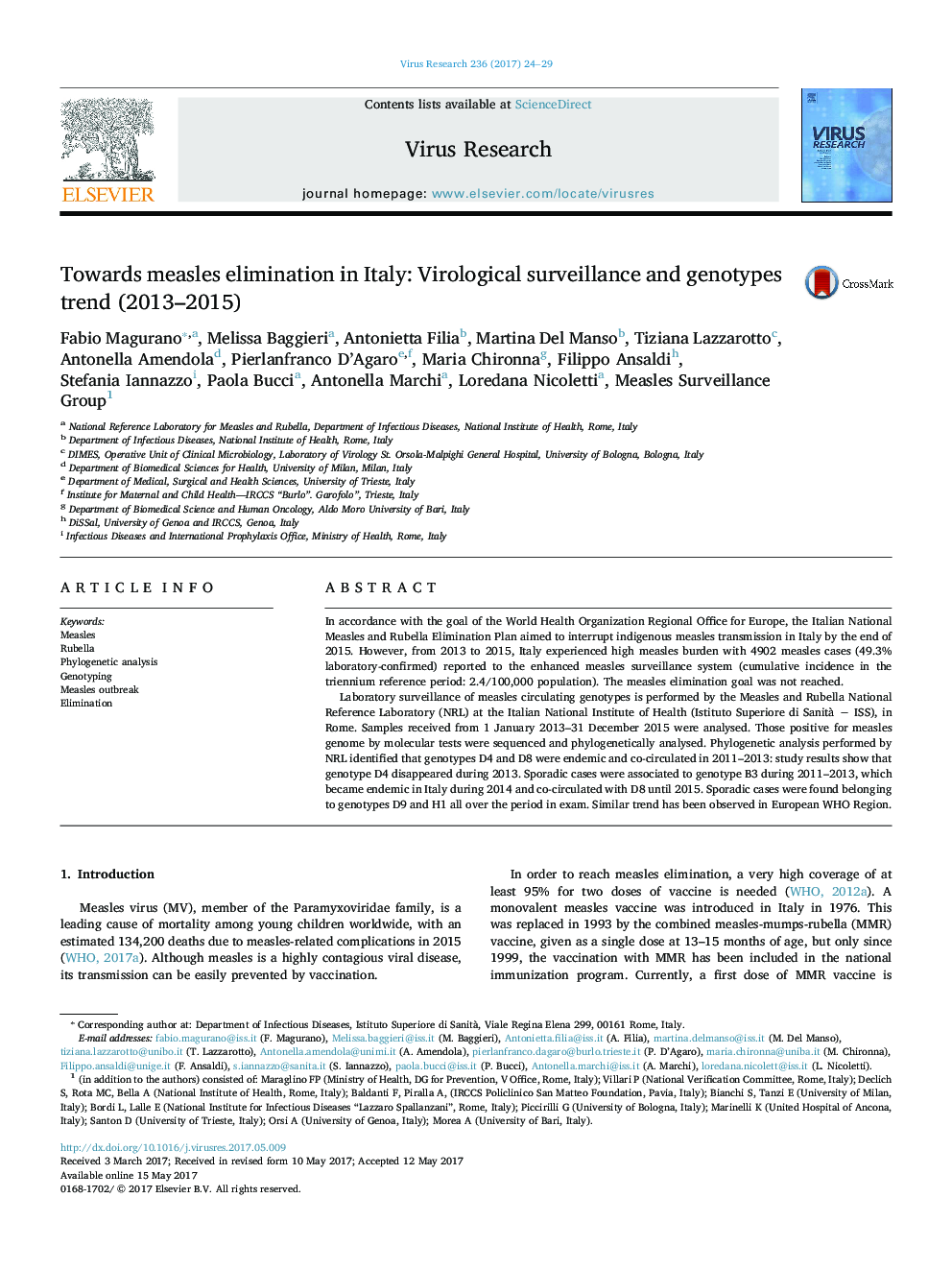 Towards measles elimination in Italy: Virological surveillance and genotypes trend (2013-2015)