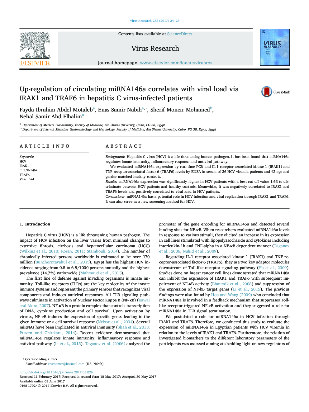 Up-regulation of circulating miRNA146a correlates with viral load via IRAK1 and TRAF6 in hepatitis C virus-infected patients