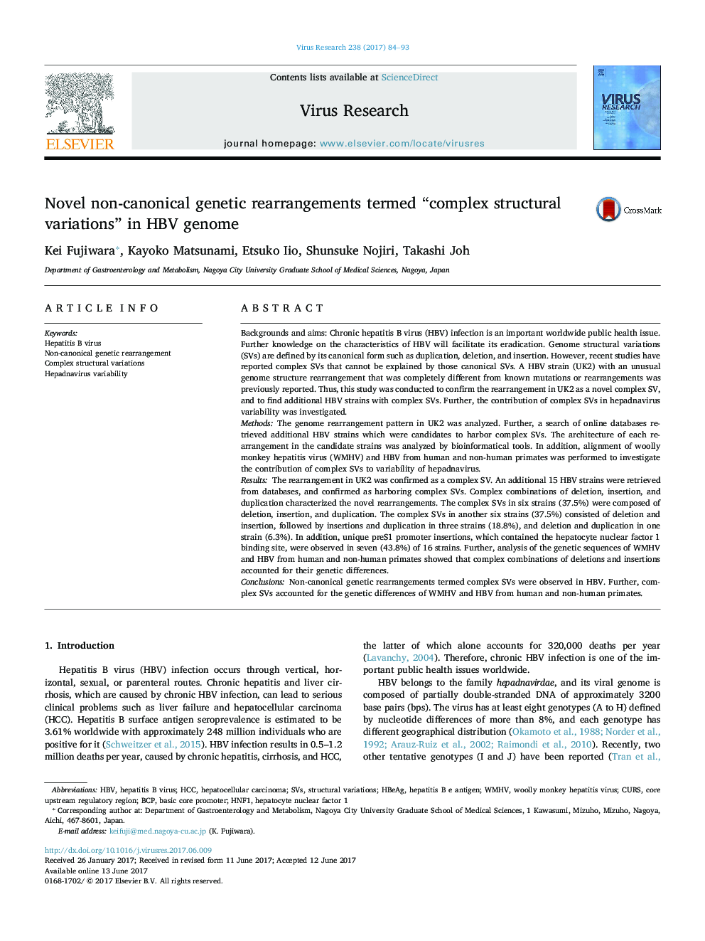 Novel non-canonical genetic rearrangements termed “complex structural variations” in HBV genome