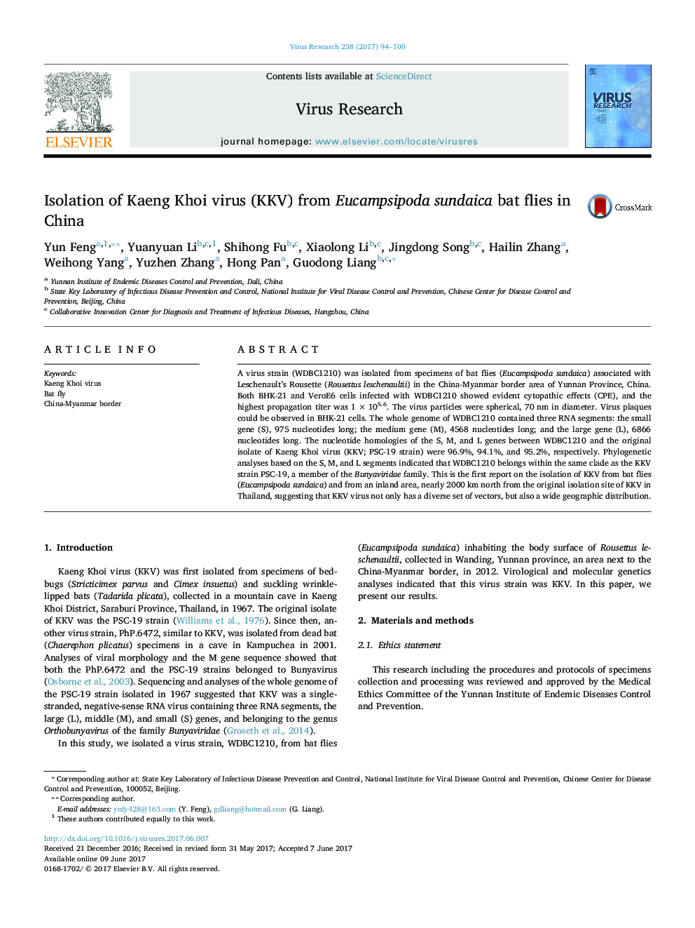 Isolation of Kaeng Khoi virus (KKV) from Eucampsipoda sundaica bat flies in China