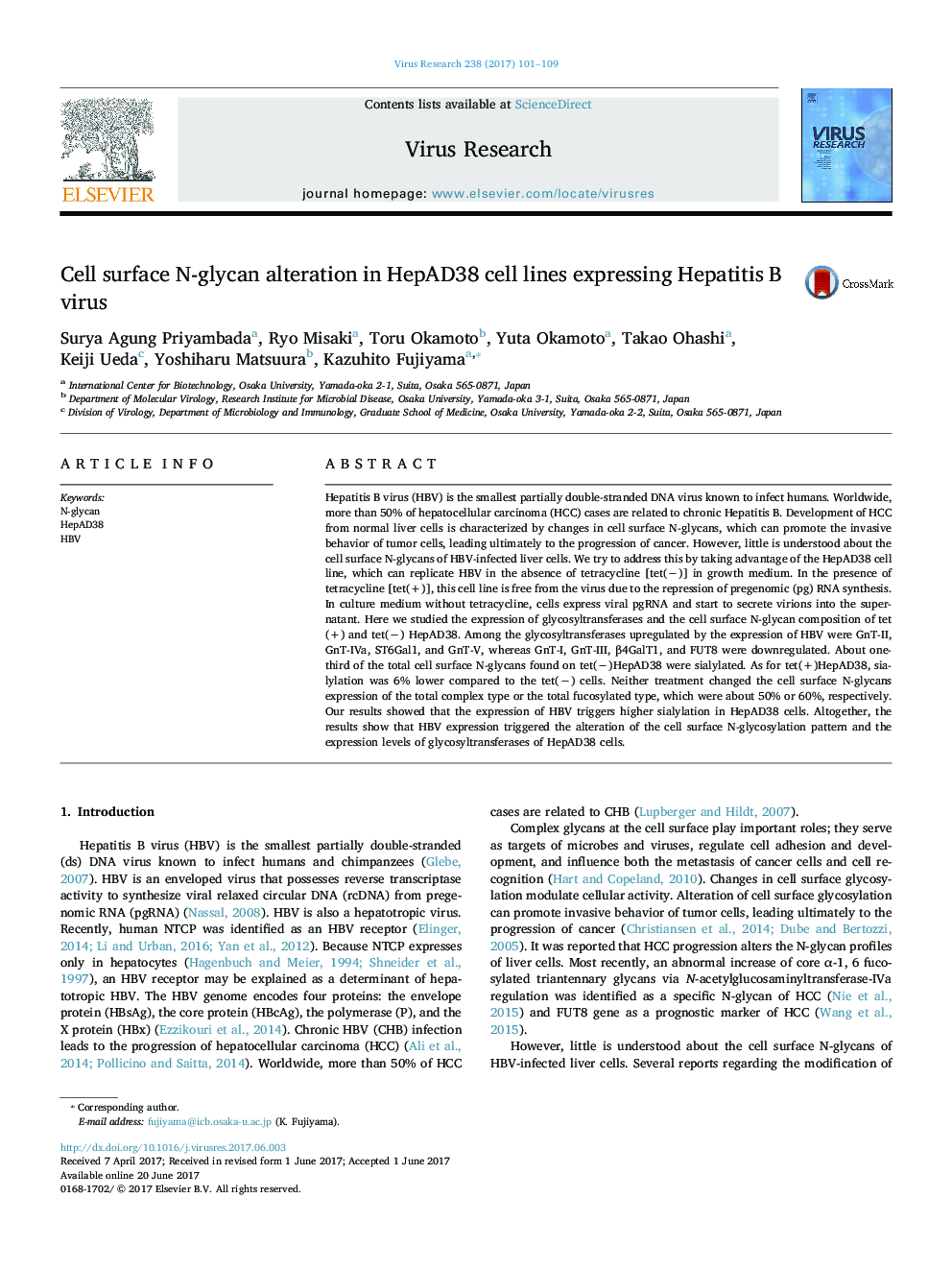 Cell surface N-glycan alteration in HepAD38 cell lines expressing Hepatitis B virus