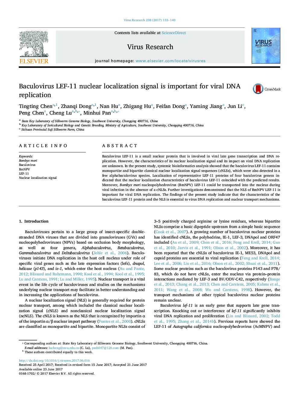 Baculovirus LEF-11 nuclear localization signal is important for viral DNA replication