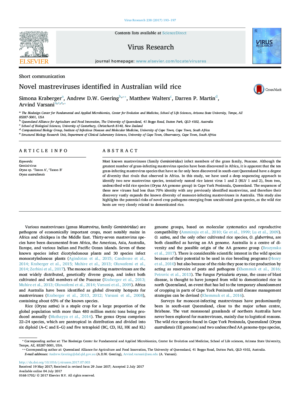 Novel mastreviruses identified in Australian wild rice